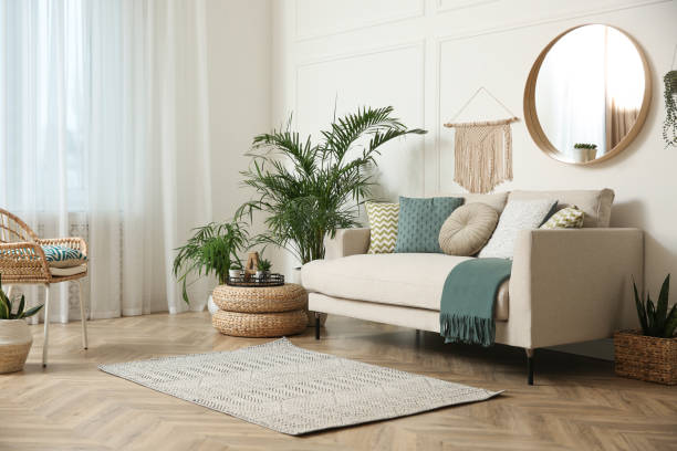 Stylish living room interior with beautiful house plants